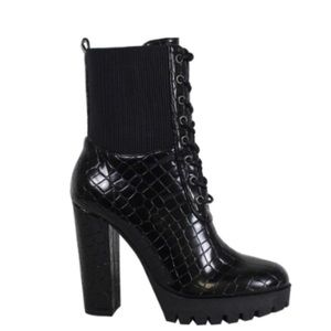 Stacked Croco Embossed Booties Black